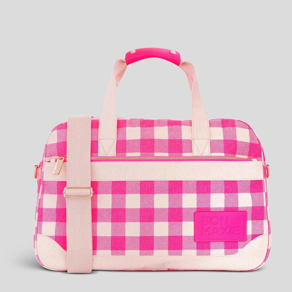 Bon Voyage Weekender Bag Neon Pink Gingham Canvas Overnight Bag BON MAXIE