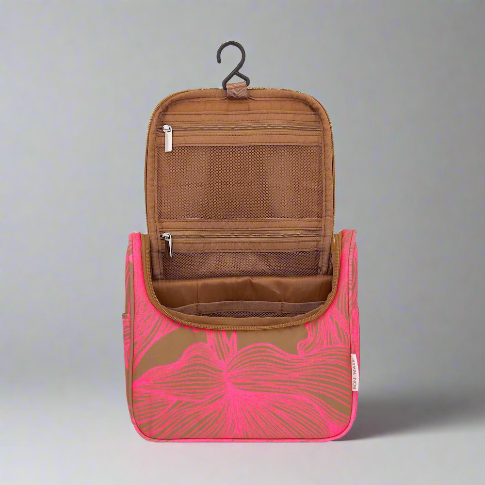 Bon Voyage Travel Toiletry Bag -- Neon Pink/Tan Floral