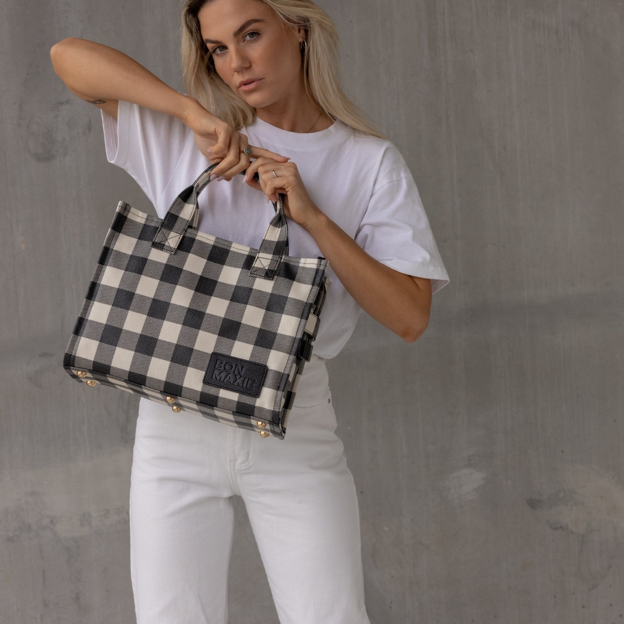 Mini Bon Vivant Structured Tote Bag 3.0 - Black Gingham Bags Gunmetal