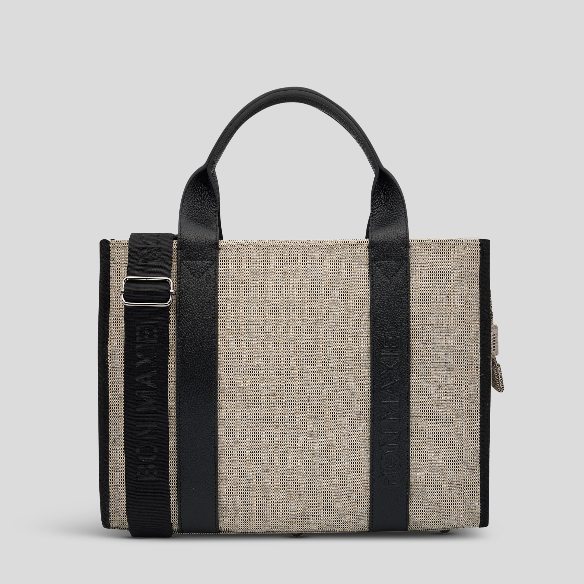 Small Structured Tote Bag with Leather -- Mini Tote Jute Canvas Black Leather