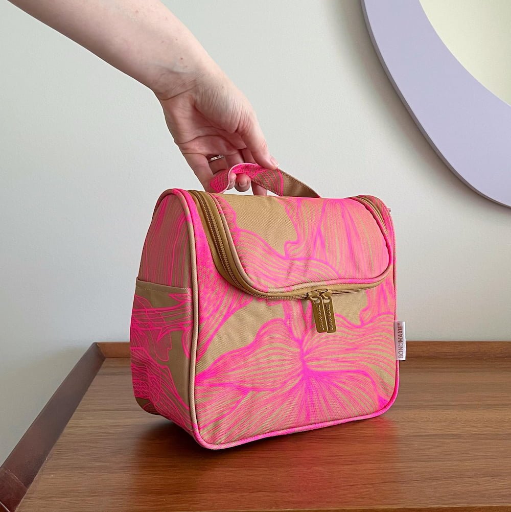 Bon Voyage Travel Toiletry Bag - Neon Pink/Tan Floral Toiletry Bags