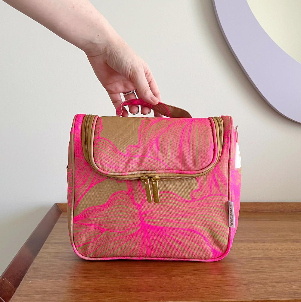 Bon Voyage Travel Toiletry Bag - Neon Pink/Tan Floral Toiletry Bags