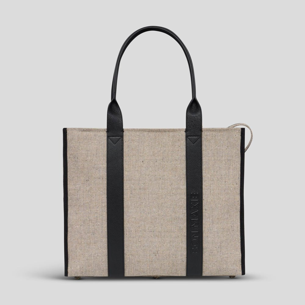 Large Bon Vivant Structured Tote Bag - Jute Canvas Black Leather Tote Bag