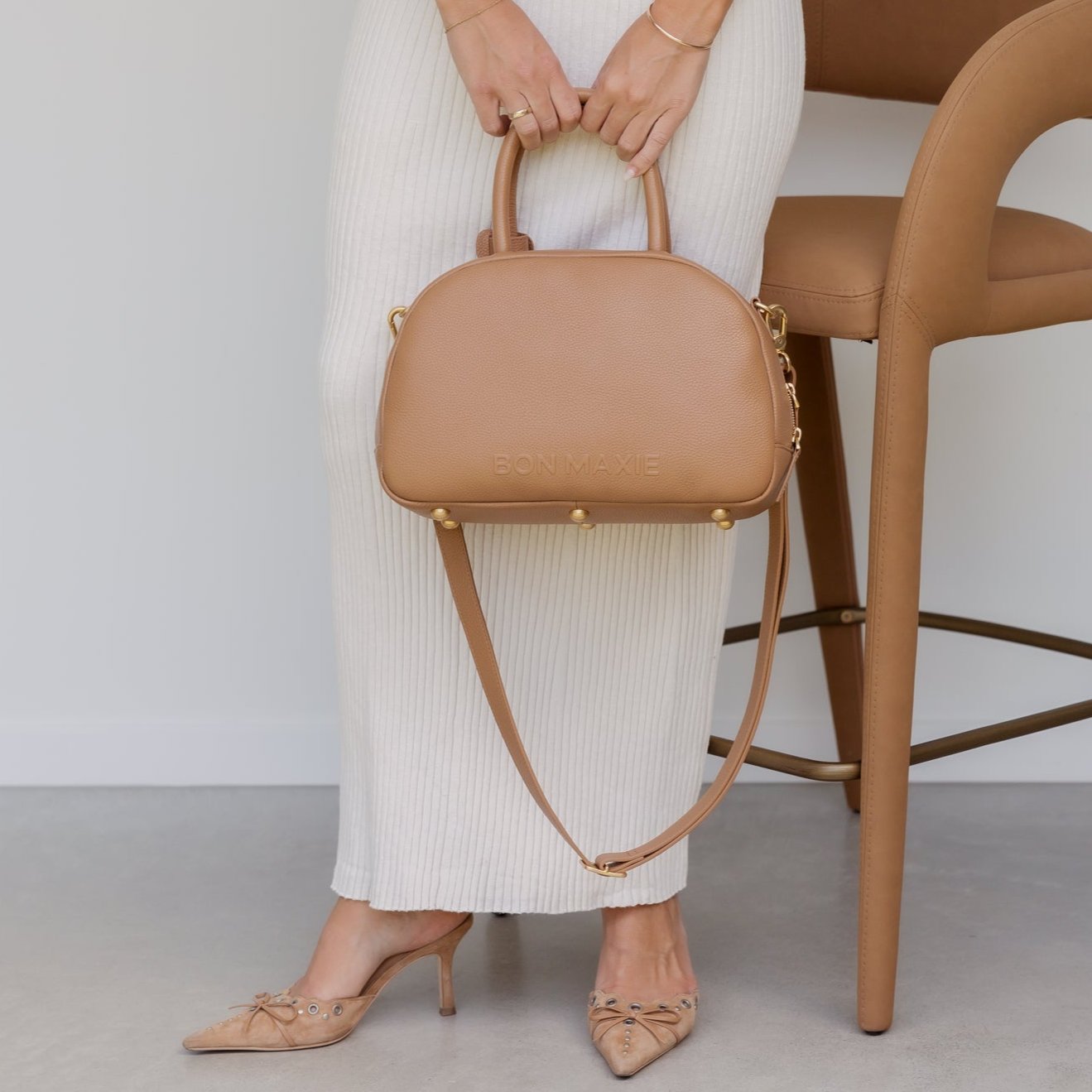 Bowler Crossbody Top Handle Bag -- Tan