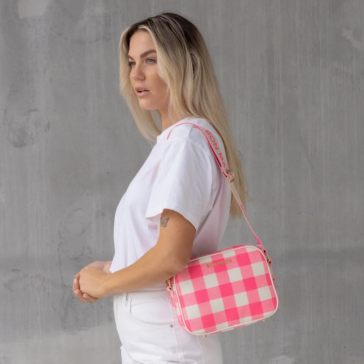 Sidekick Crossbody Bag - Neon Pink Gingham Bags Gold