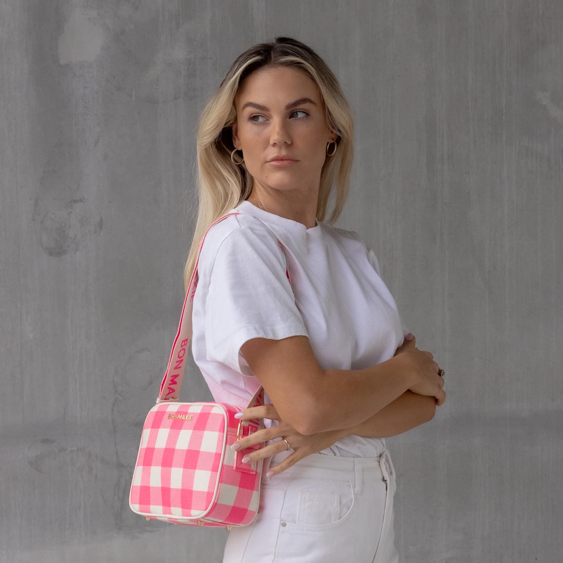 Sidekick Crossbody Bag - Neon Pink Gingham Bags Gold