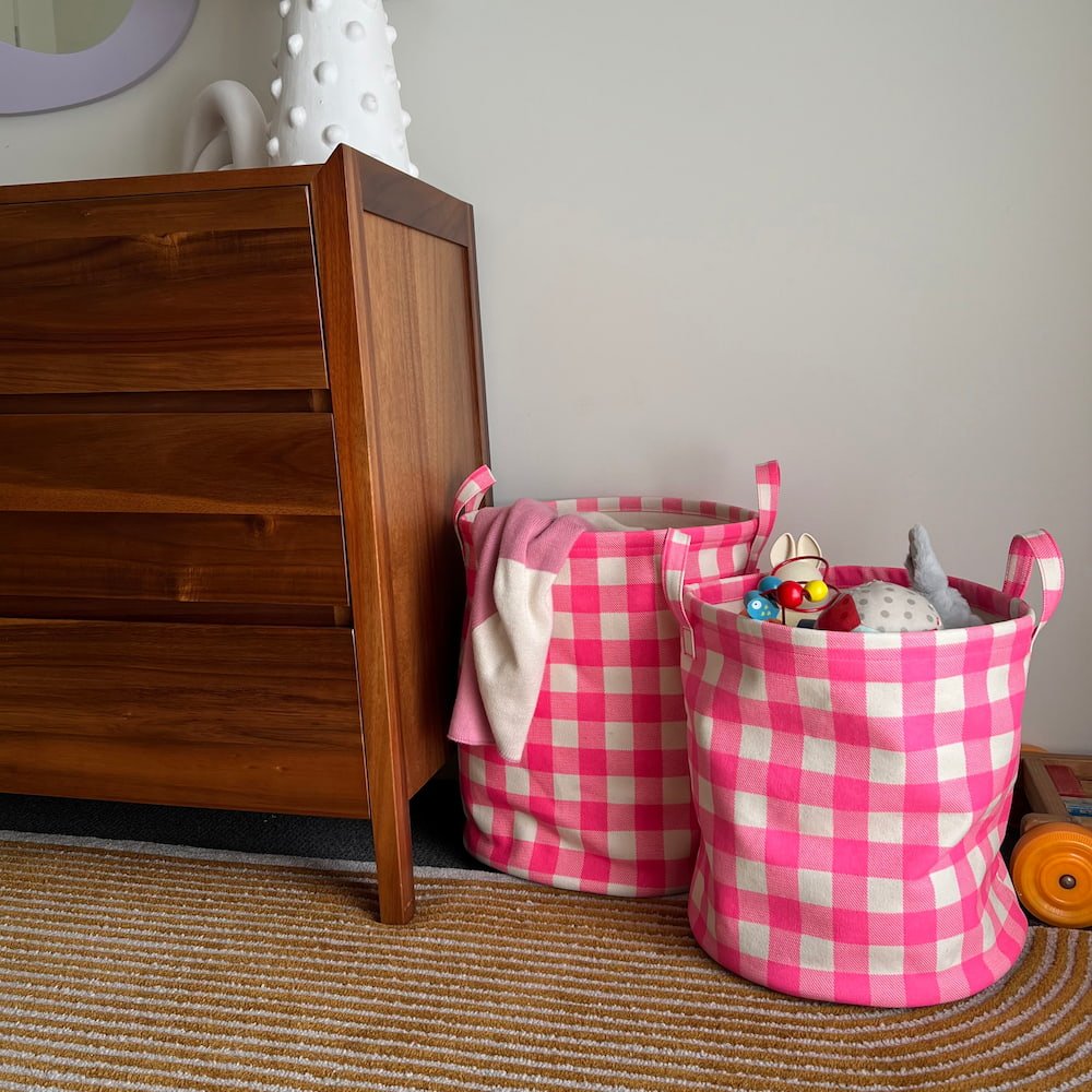 Handy Hampers Set of 2 - Neon Pink Gingham Hamper Set