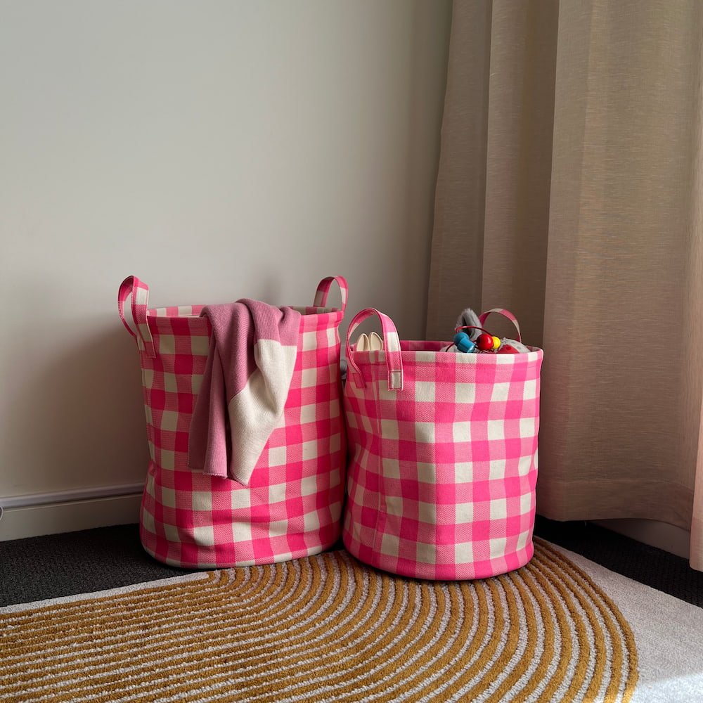 Handy Hampers Set of 2 - Neon Pink Gingham Hamper Set