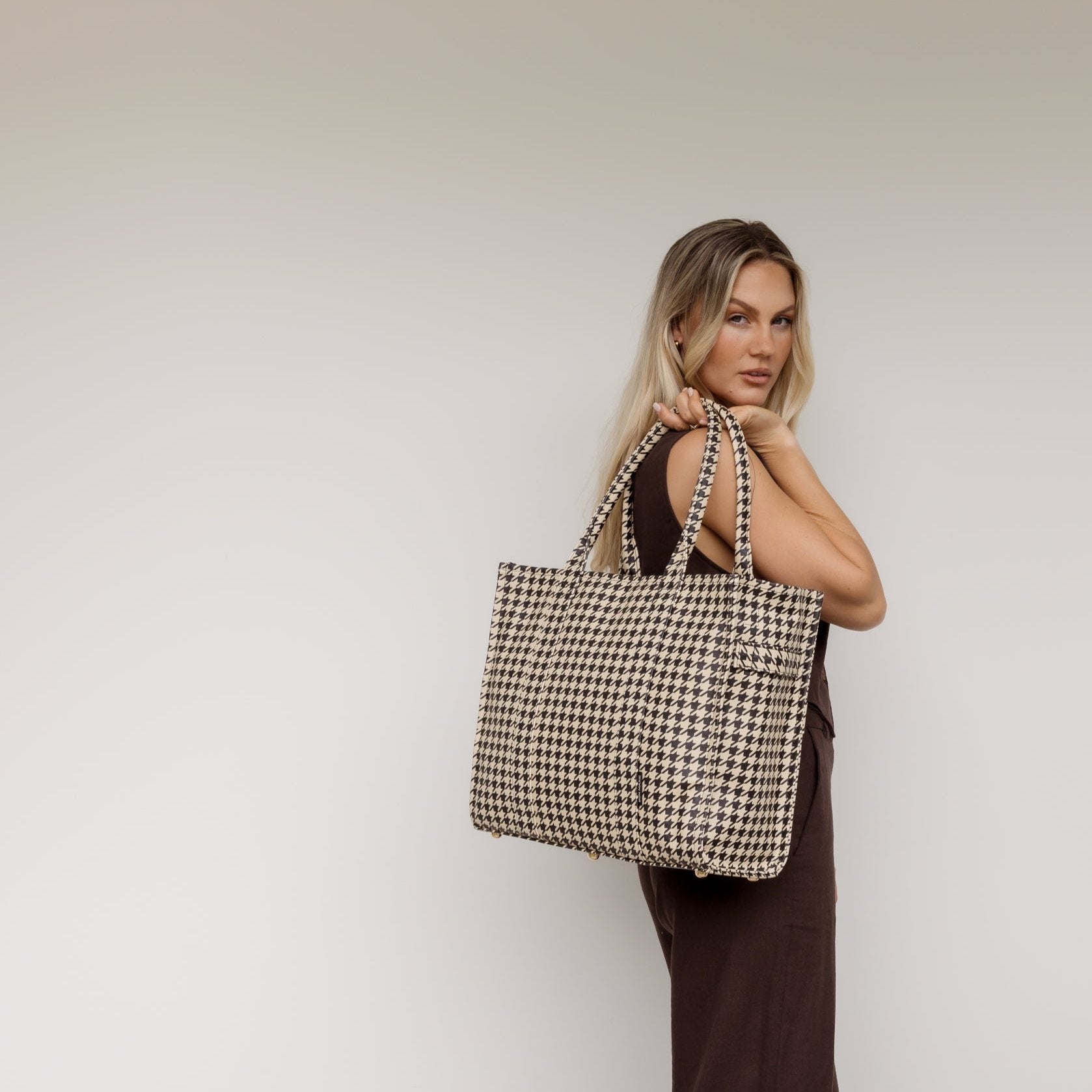 Large Bon Vivant Structured Tote Bag - Black Houndstooth Bags