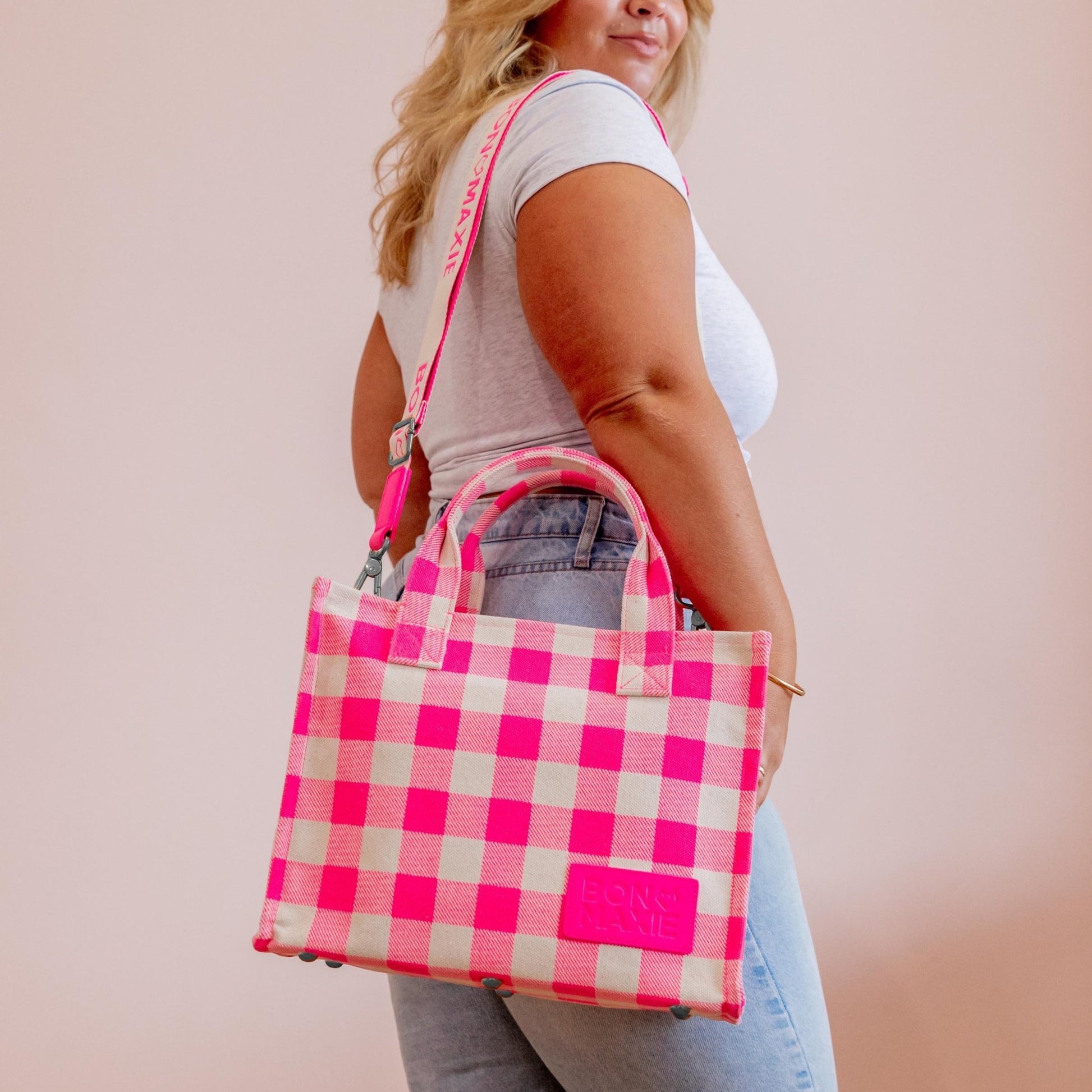 Mini Bon Vivant Structured Tote Bag - Neon Pink Gingham Bags Gold