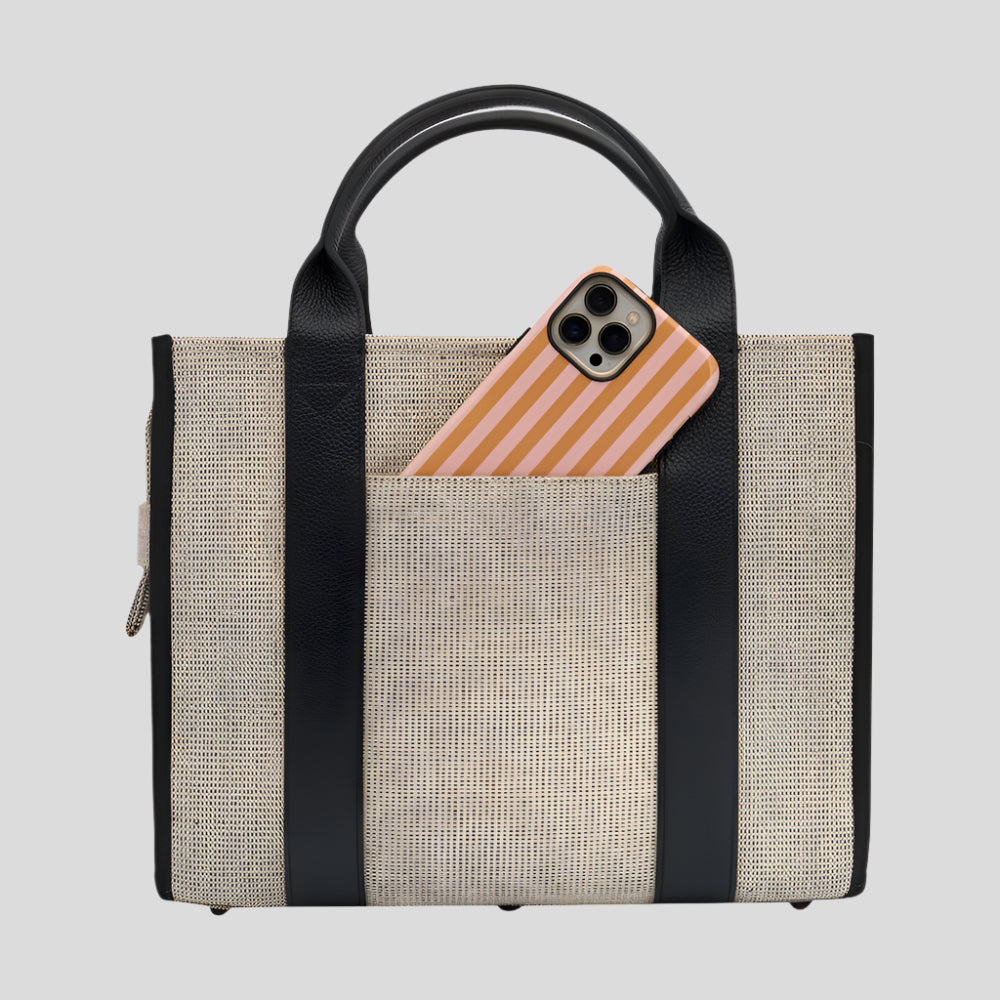 Mini Bon Vivant Tote Bag in Jute Canvas Black Leather Mini Carry All Bon Maxie BON MAXIE