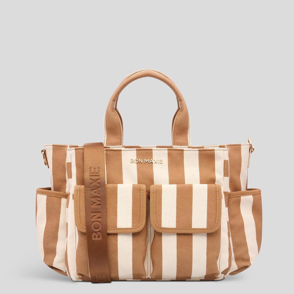 Multi - Pocket Nappy Bag - Tan Stripe Bags