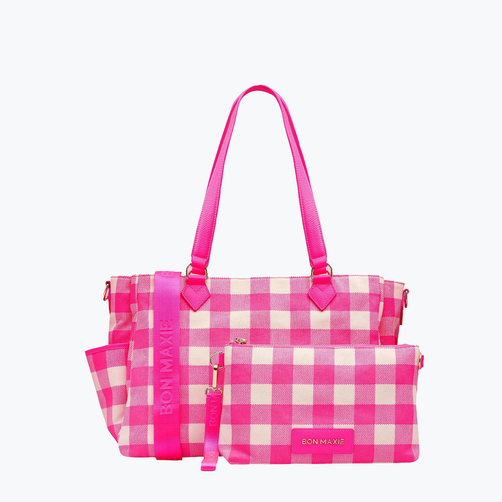Nappy or Not Carryall Tote + Pouch - Neon Pink Gingham