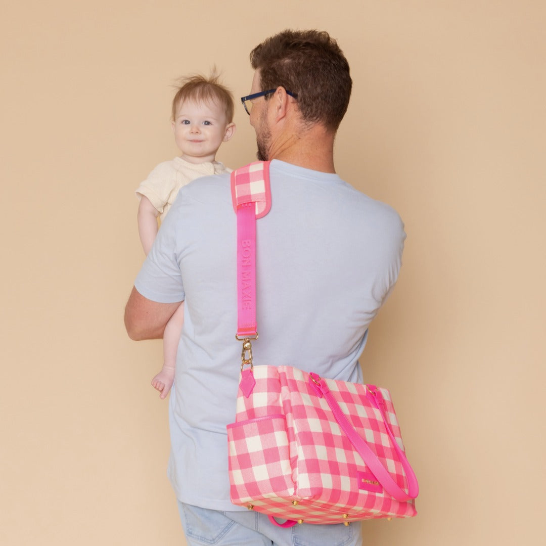 Nappy or Not Carryall Tote + Pouch - Neon Pink Gingham