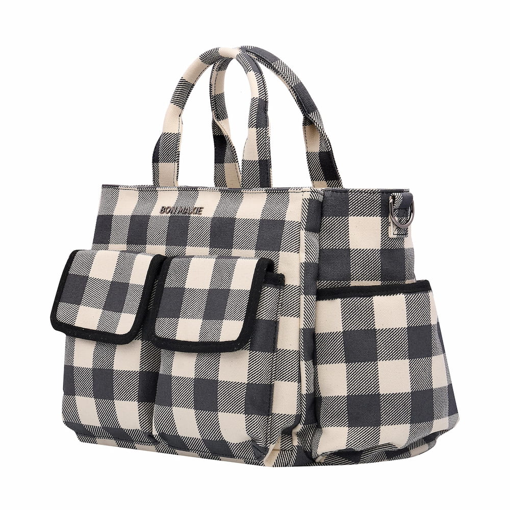 Multi - Pocket Nappy Bag - Black Gingham Bags BLACK GINGHAM / GUNMETAL