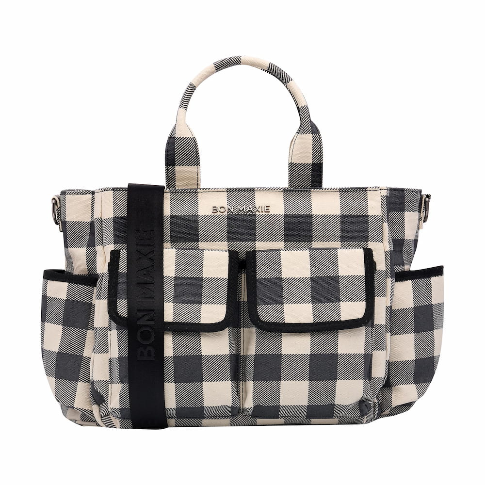 Multi - Pocket Nappy Bag - Black Gingham Bags BLACK GINGHAM / GUNMETAL