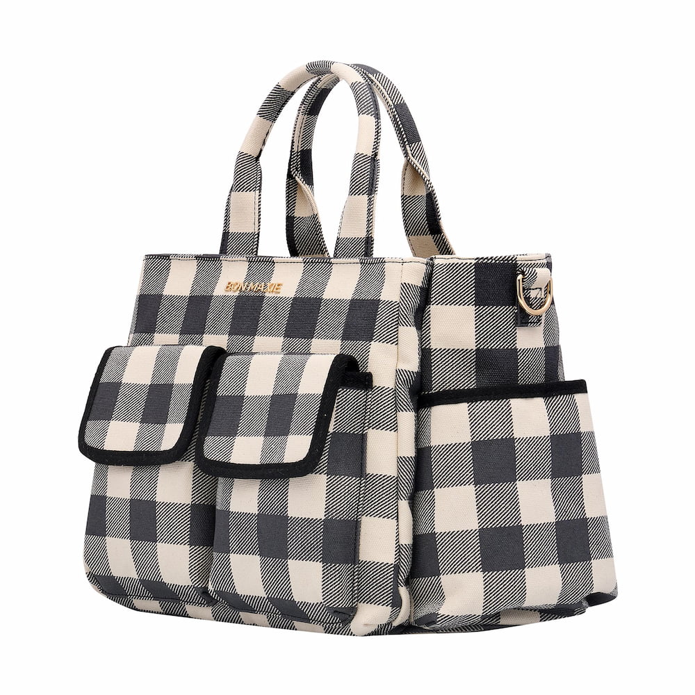 Multi - Pocket Nappy Bag - Black Gingham Bags BLACK GINGHAM / GOLD