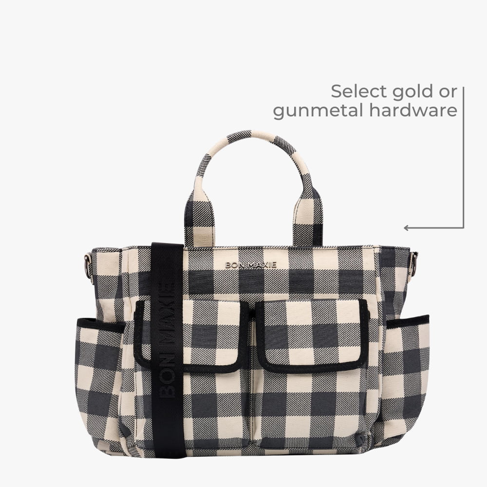 Multi - Pocket Nappy Bag - Black Gingham Bags BLACK GINGHAM / GOLD