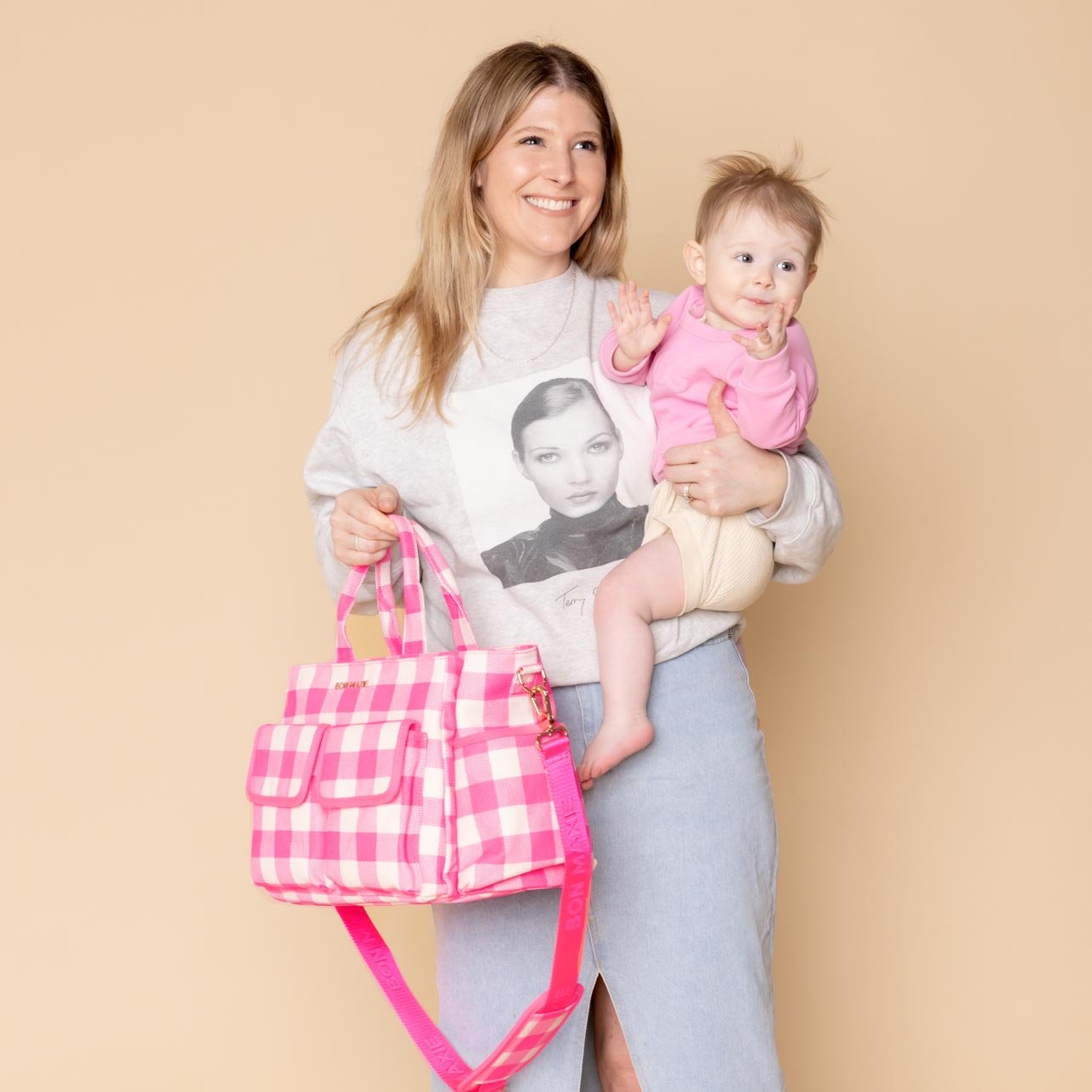 Multi - Pocket Nappy Bag - Neon Pink Gingham Bags NEON PINK GINGHAM