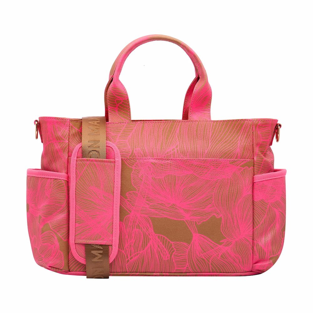 Multi - Pocket Nappy Bag - Neon Pink/Tan Floral Bags TAN / NEON PINK FLORAL