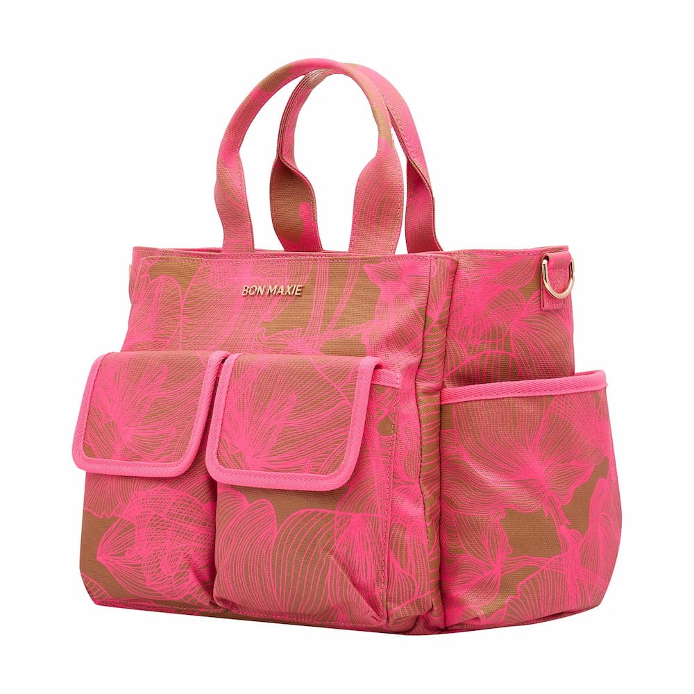 Multi - Pocket Nappy Bag - Neon Pink/Tan Floral Bags TAN / NEON PINK FLORAL