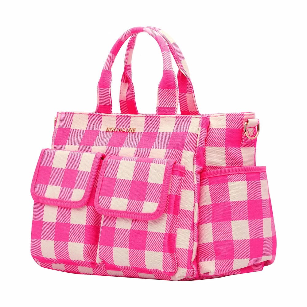 Multi - Pocket Nappy Bag - Neon Pink Gingham Bags NEON PINK GINGHAM