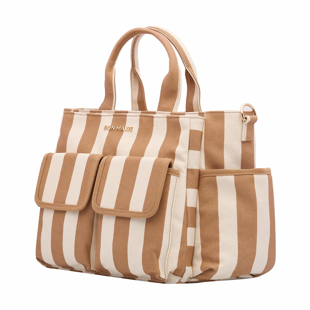 Multi - Pocket Nappy Bag - Tan Stripe Bags