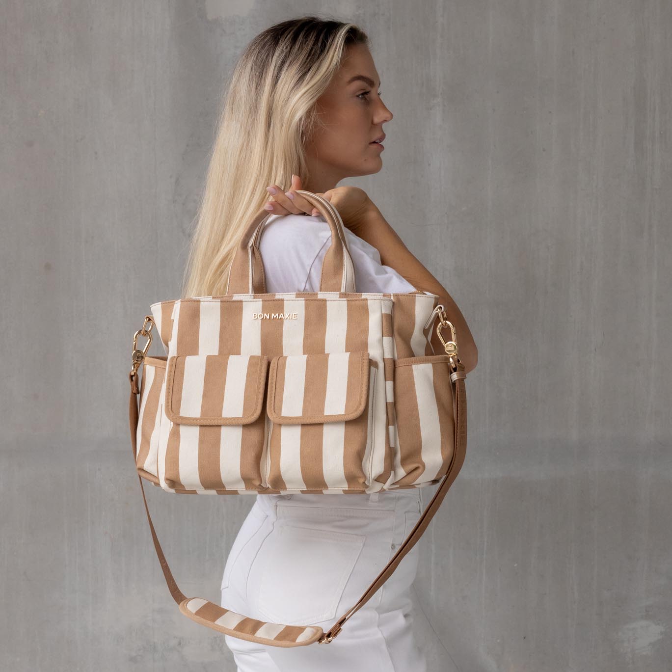 Multi - Pocket Nappy Bag - Tan Stripe Bags