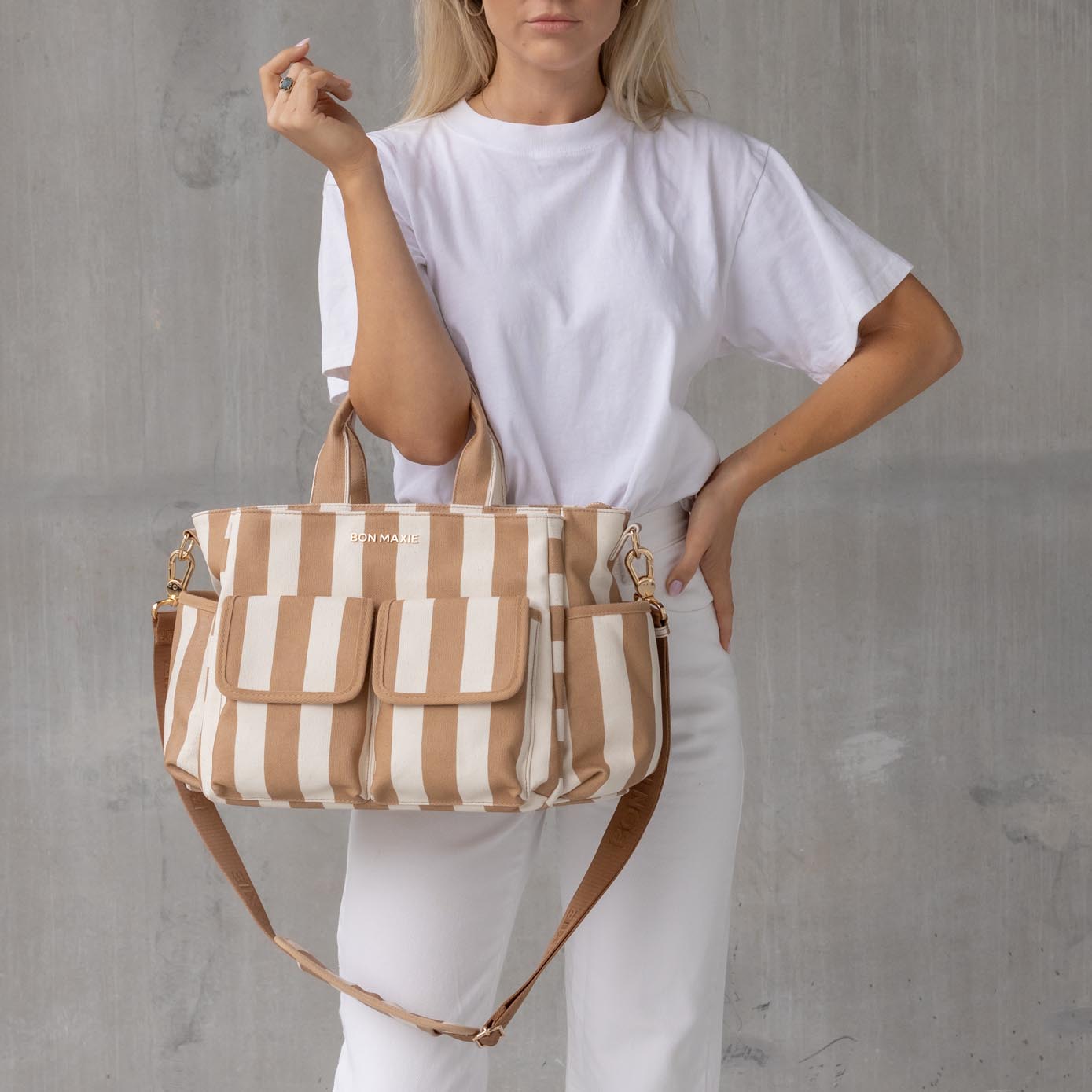 Multi - Pocket Nappy Bag - Tan Stripe Bags