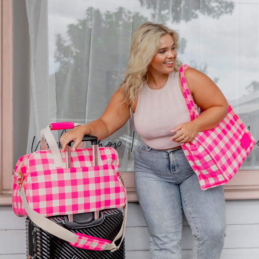 Bon Voyage Weekender Bag - Neon Pink Gingham Bags