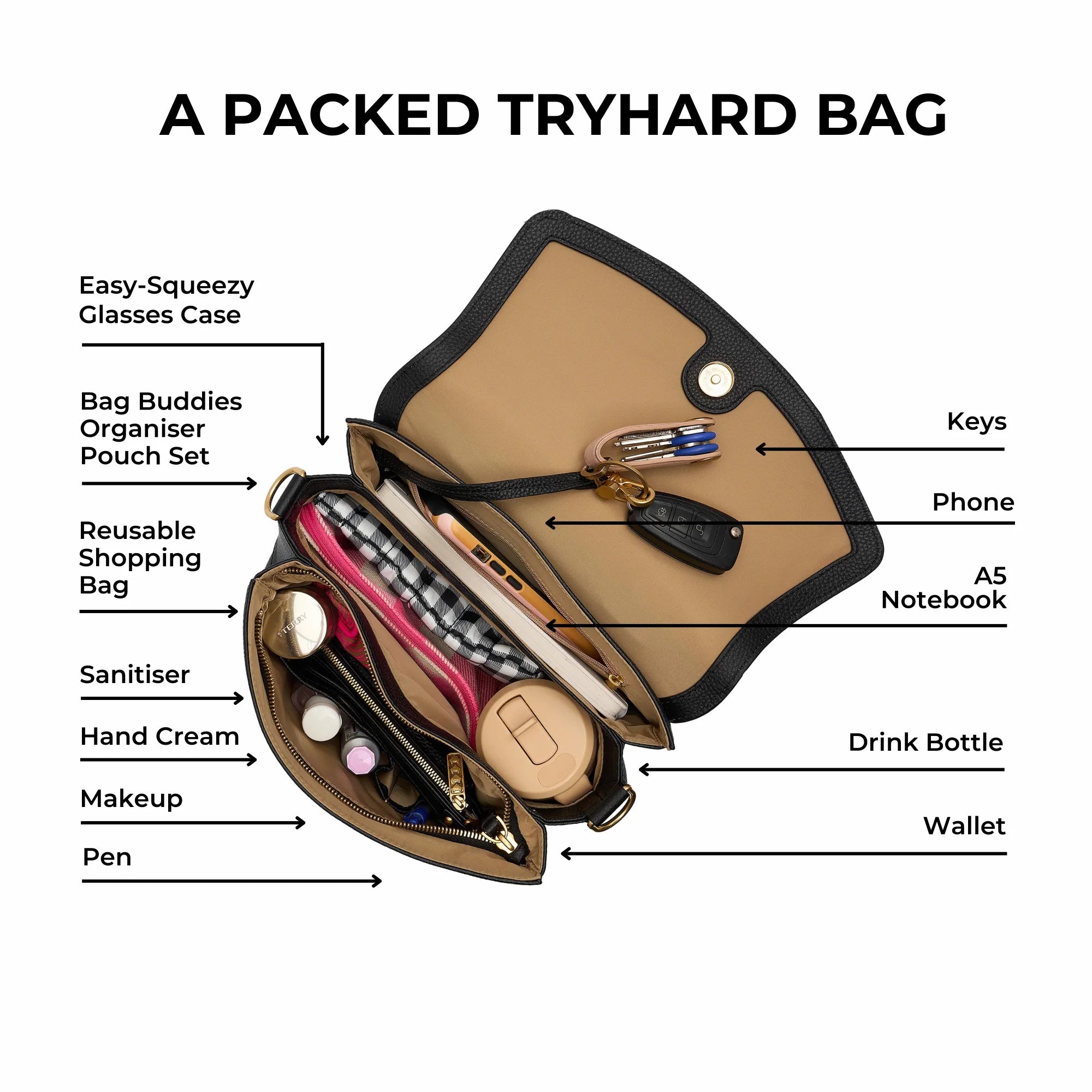 Tryhard Top Handle Bag - Tan Bags Brushed Gunmetal