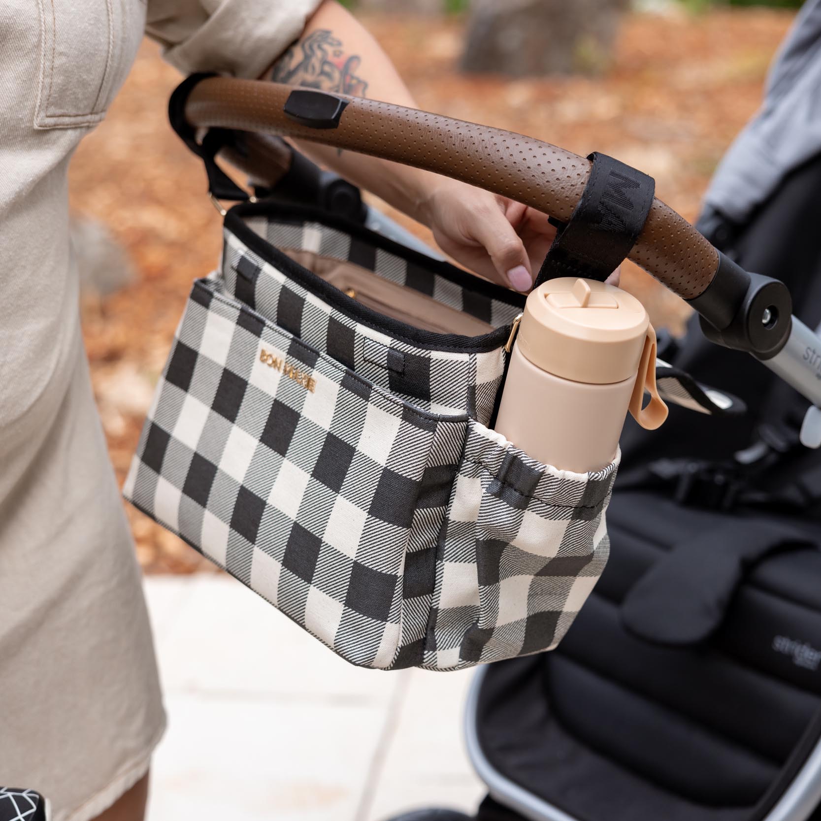 Carryall Pram Caddy - Black Gingham Bags Gunmetal