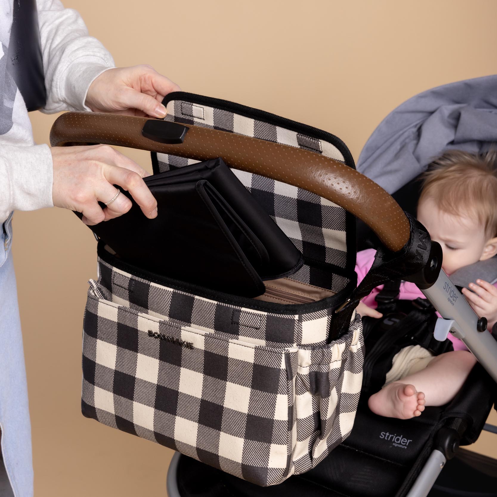 Carryall Pram Caddy - Black Gingham Bags Gunmetal