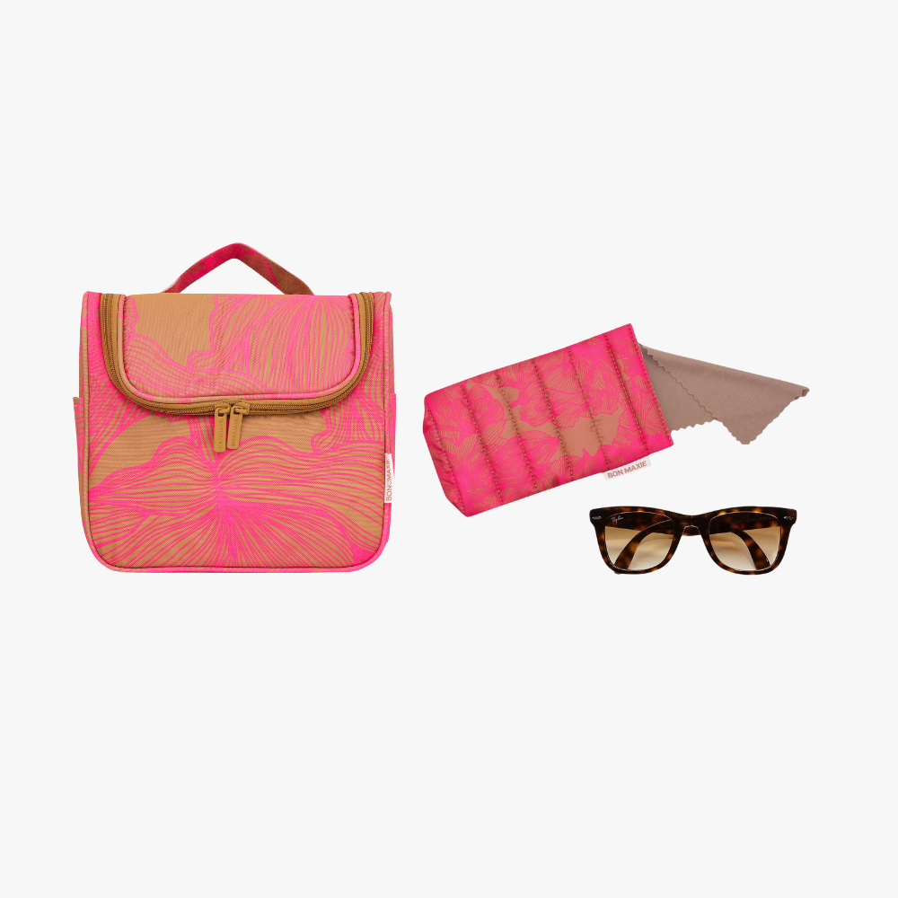 Toiletry Bag + Glasses Case Bundle -- Neon Pink Floral