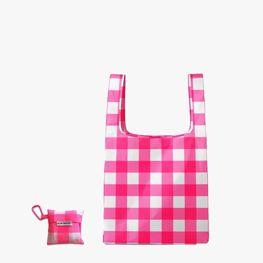 Reusable Shopping Bag -- Neon Pink Gingham - 2 Sizes