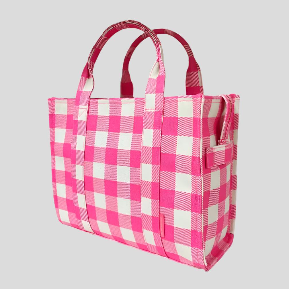 Small Bon Vivant Structured Tote Bag - Mini Tote Neon Pink Gingham Bags Gold