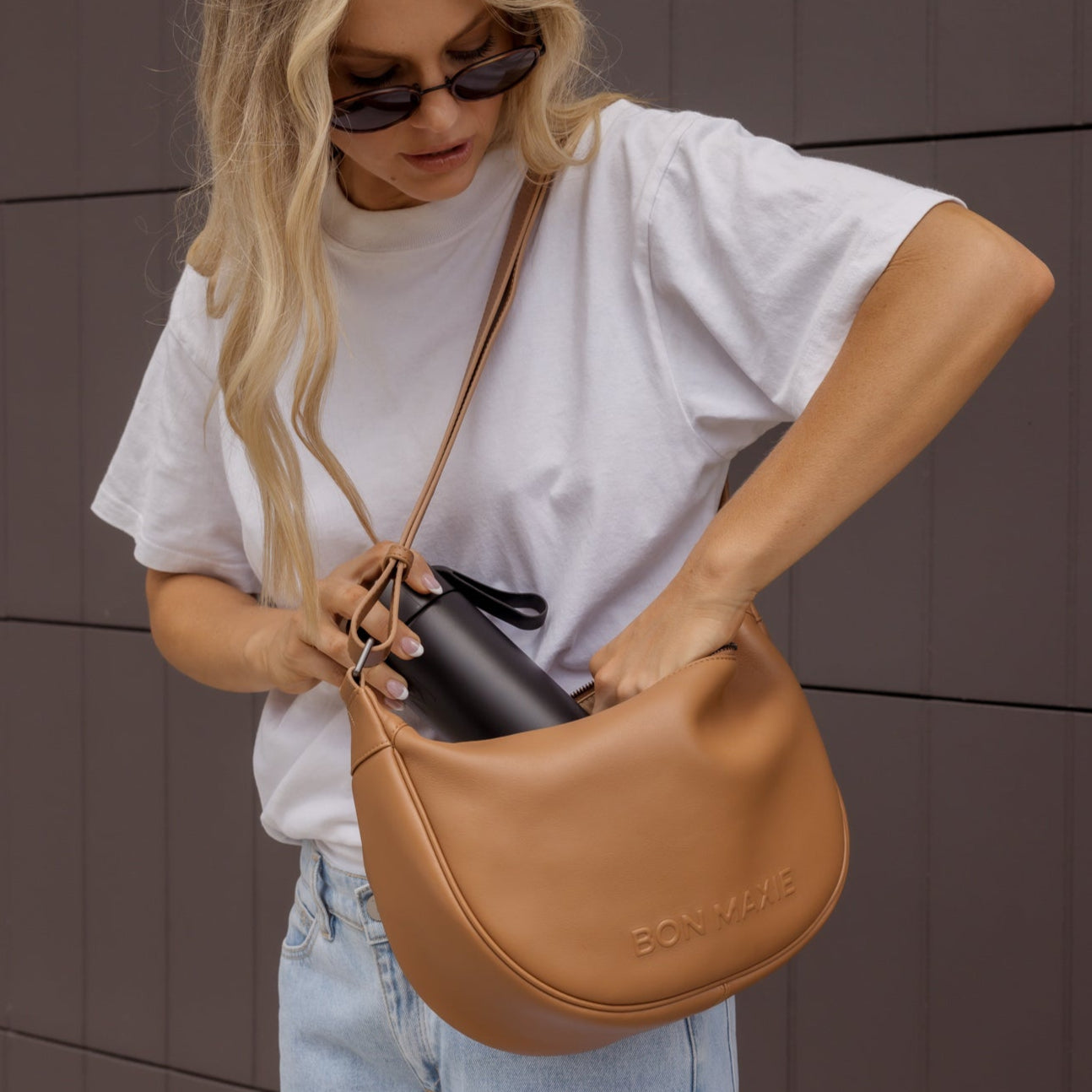 Slouchy Leather Crescent Bag -- Tan