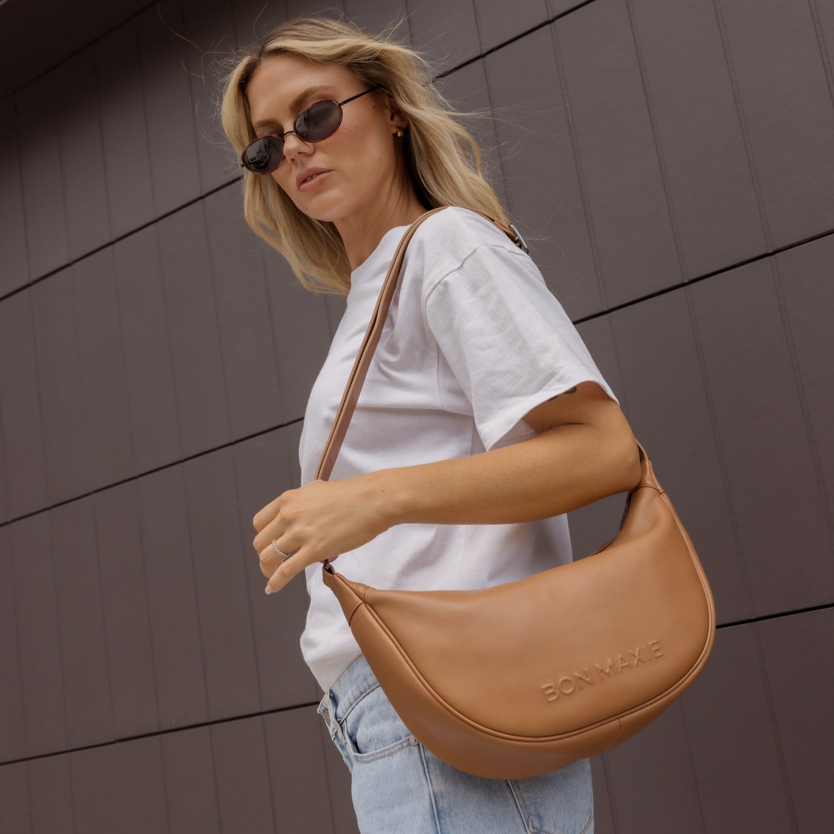 Slouchy Leather Crescent Bag -- Tan