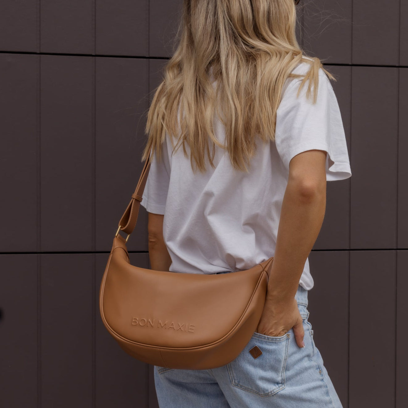 Slouchy Leather Crescent Bag -- Tan