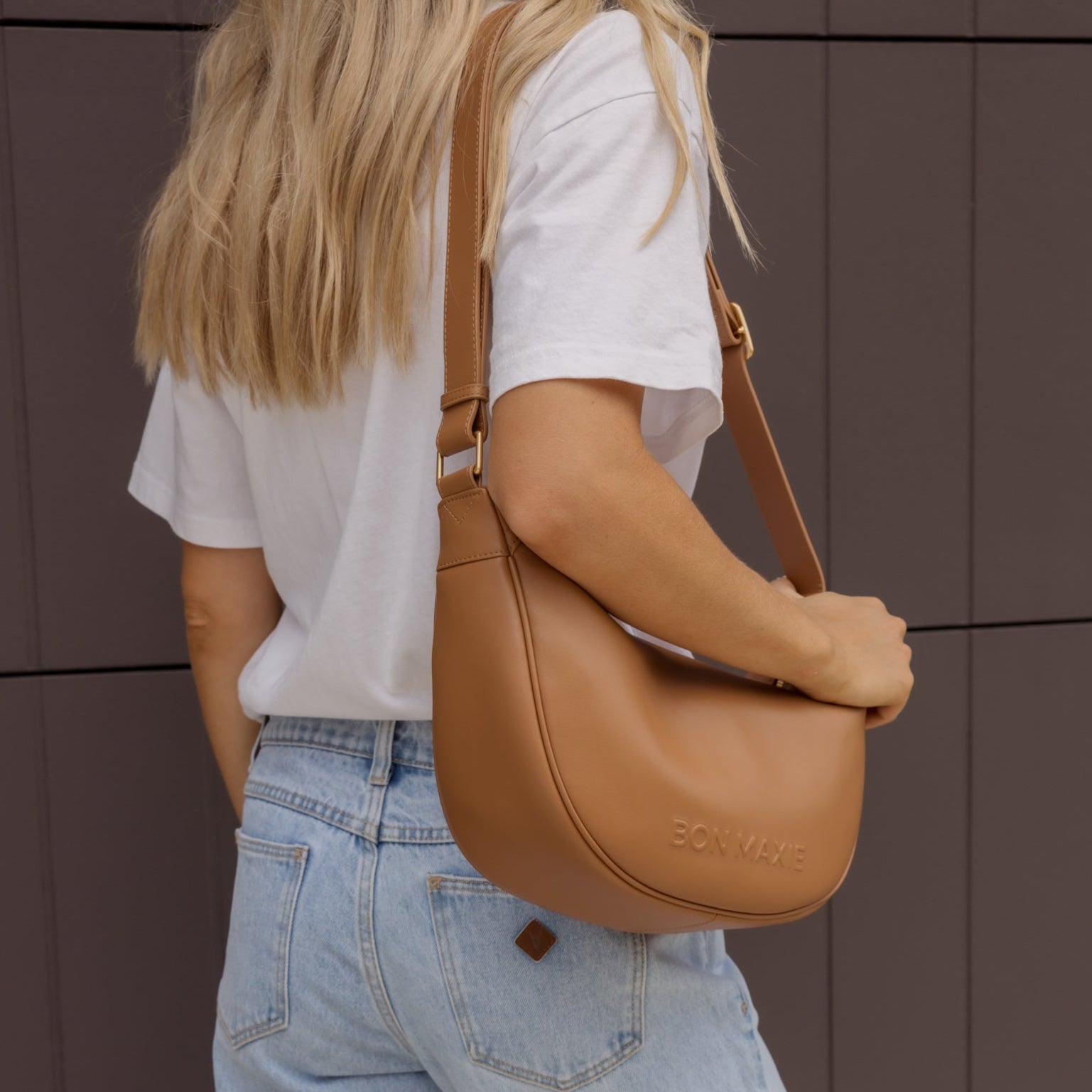 Slouchy Leather Crescent Bag -- Tan