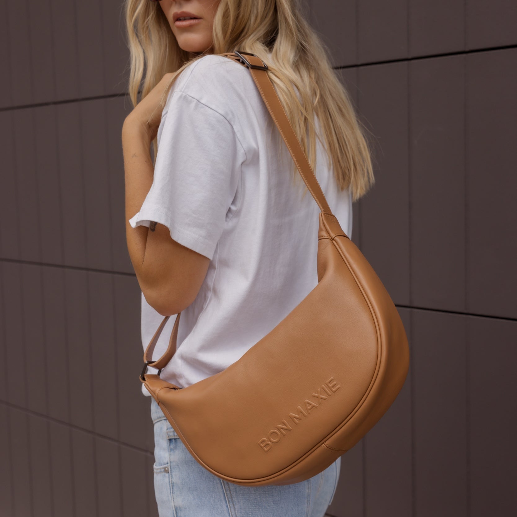 Slouchy Leather Crescent Bag -- Tan