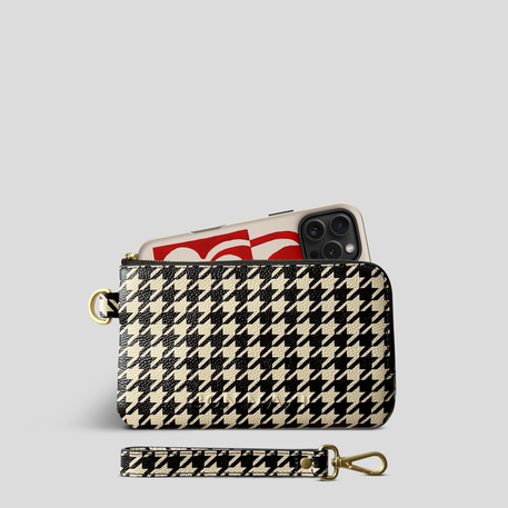 Leather Phone Wallet Pouch -- Black Houndstooth