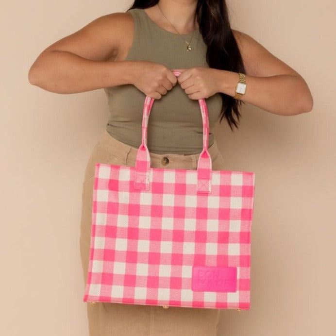 Bon Vivant Structured Tote Bag -- Neon Pink Gingham