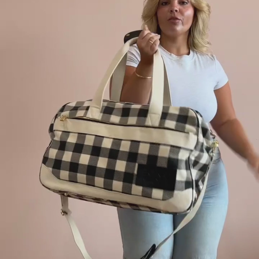 Load video: Bon Voyage Weekender Bag - Almond Gingham