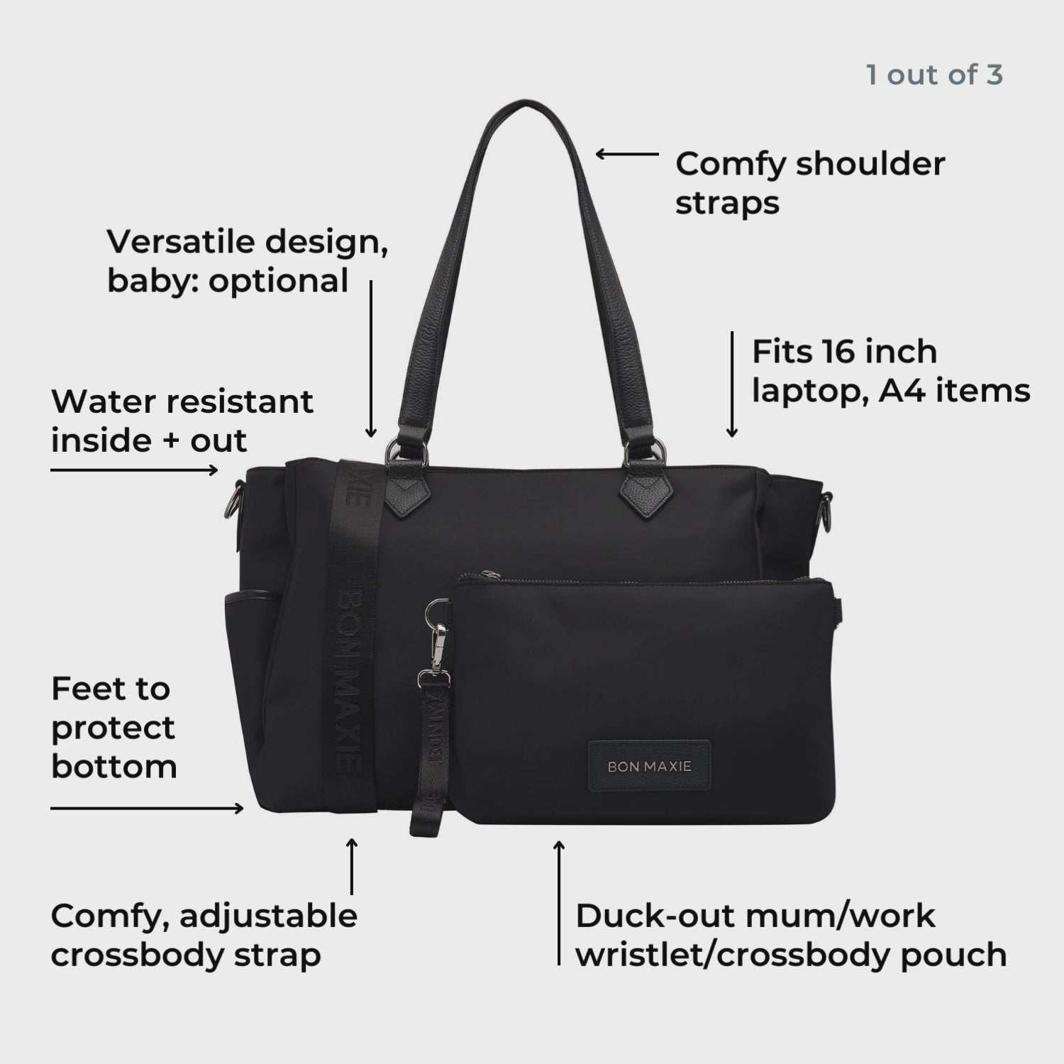 Load video: Carryall Tote + Pouch --  Black Nylon