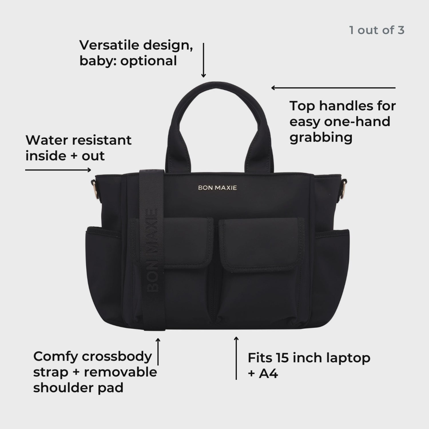 Load video: Multi-Pocket Nappy Bag -- Black Nylon