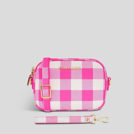 Mini Sidekick Wallet Crossbody Bag - Neon Pink Gingham Bags Brushed Gold